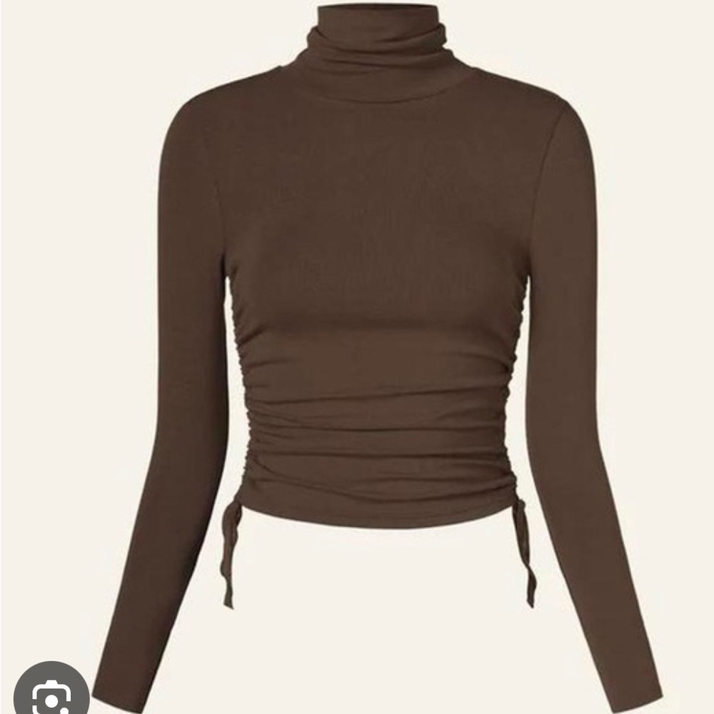 Brown Turtleneck Ruched Long Sleeve Top